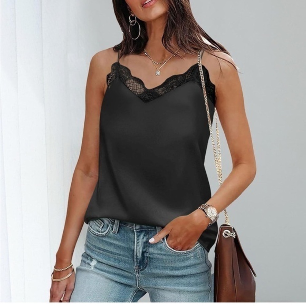 Women's Tank Tops Dressy Loose Fit Black Lace Trim Cami Top N-Neck Summer L
